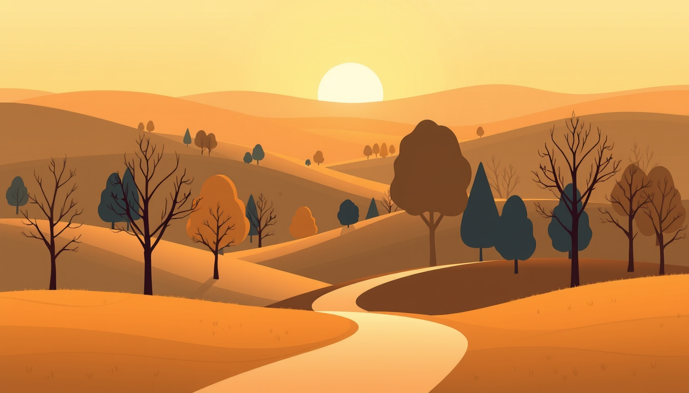 Illustration of a golden-hour park landscape at the end of the day
