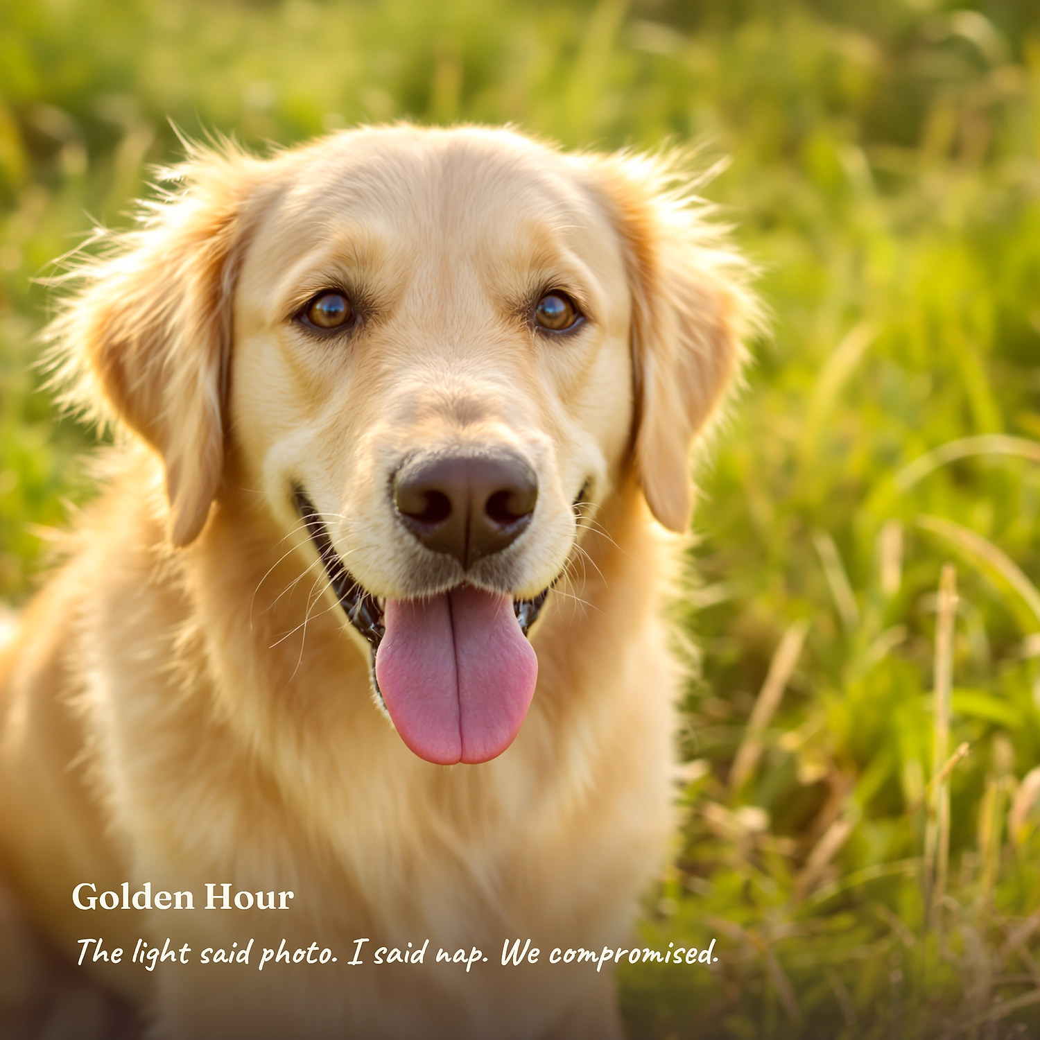 A real page from the example book: a photo from the day with a short caption written in the dog's voice
