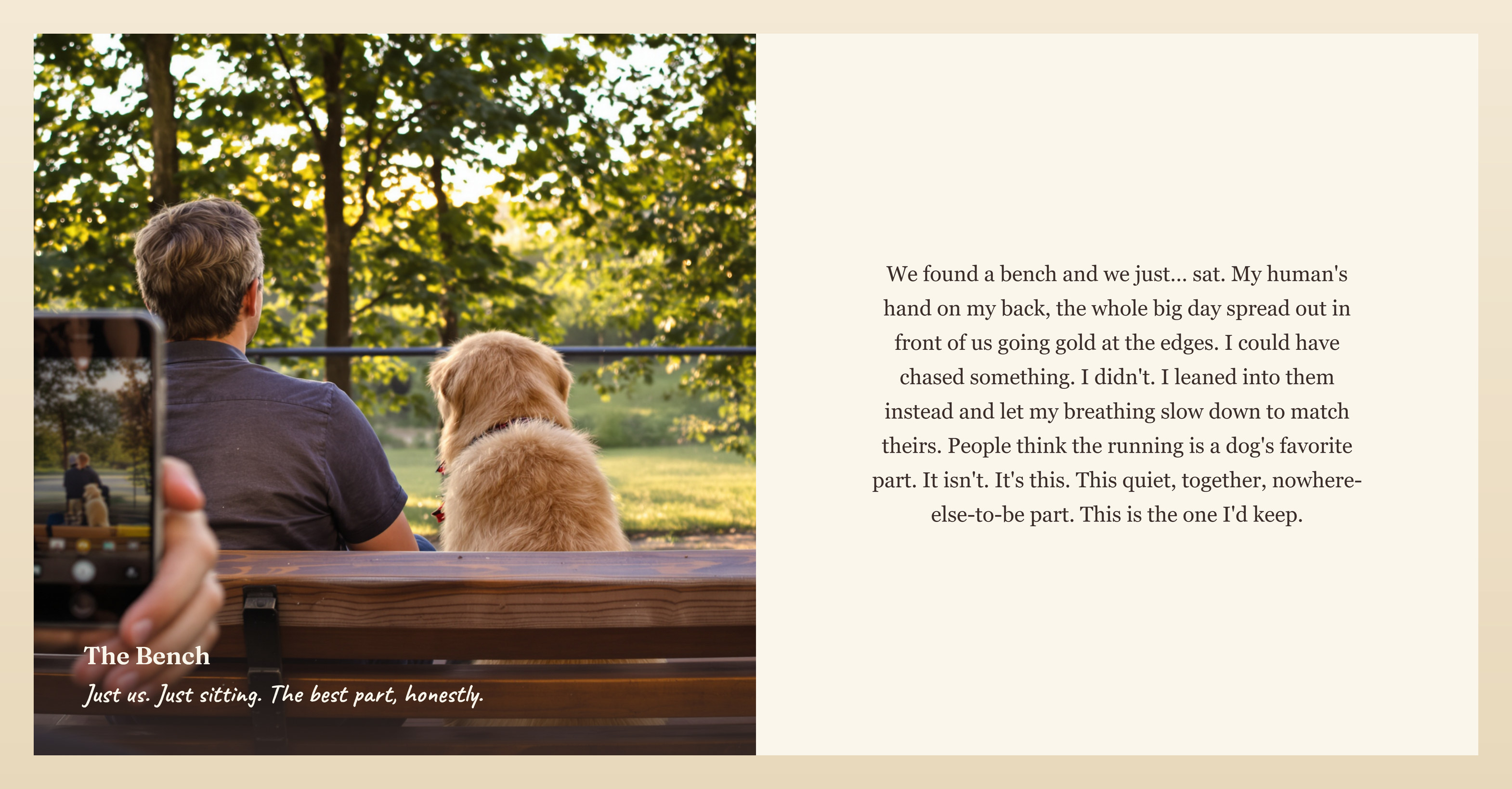 A real two-page spread from the example book: a photo of a dog and their person on a bench, facing the day's story written in the dog's voice