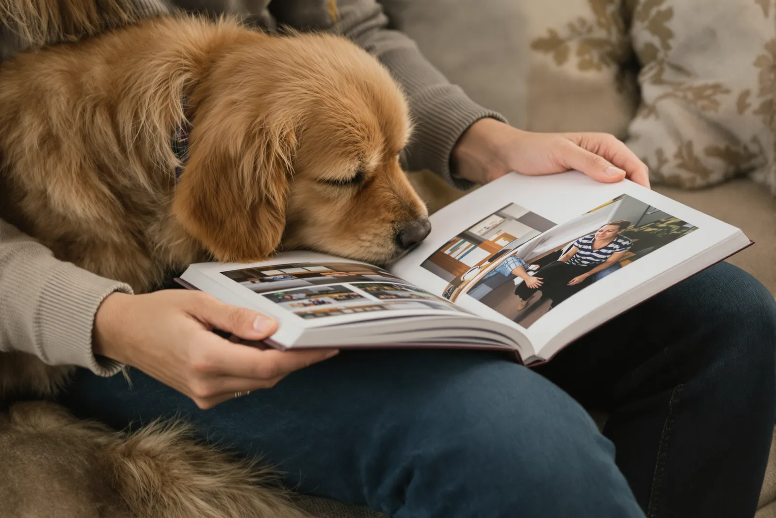Preview: the finished keepsake book, open, with a dog resting beside it